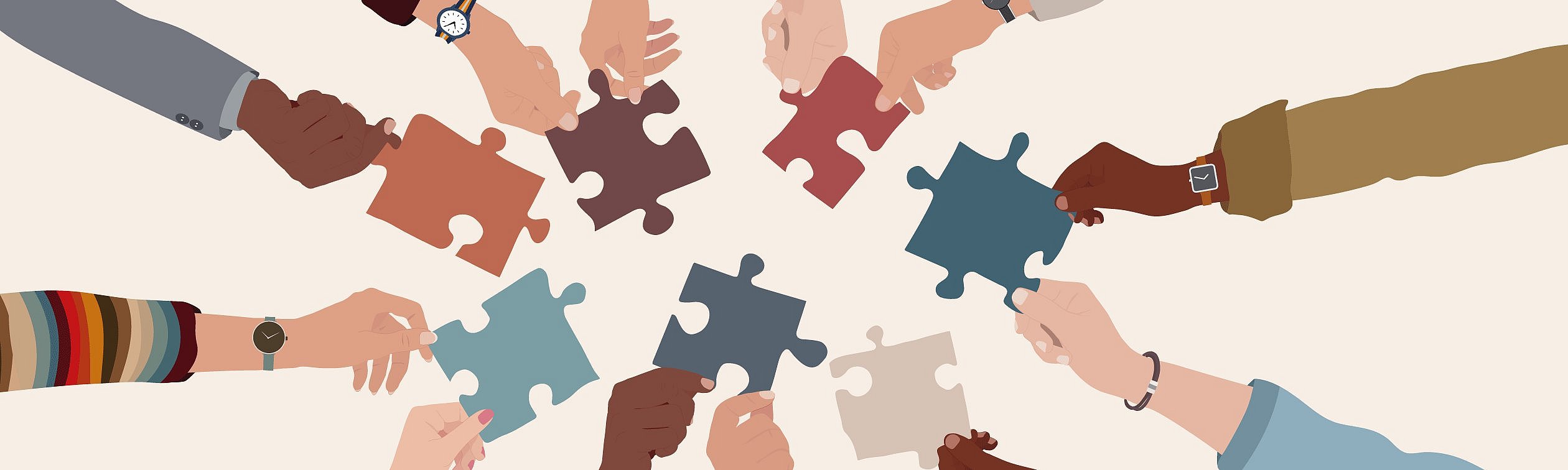 Illustration von vielen unterschiedlichen Händen, die Puzzelteile halten und zusammen einen Kreis bilden.